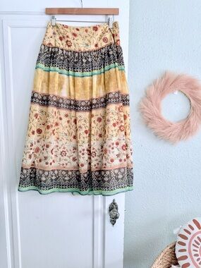 dressbarn Yellow Floral & Stripe Tiered Midi Skirt